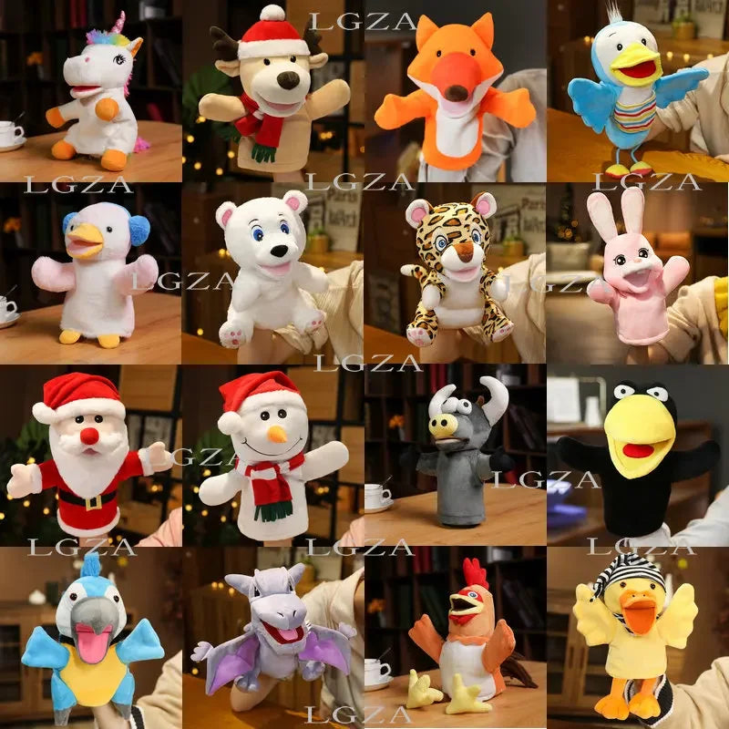 Collage of various animal and character hand puppets with LGZA branding.