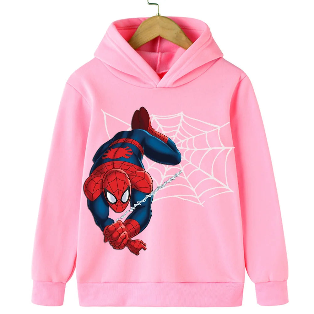 Pink hoodie with Spider-Man graphic on a white background