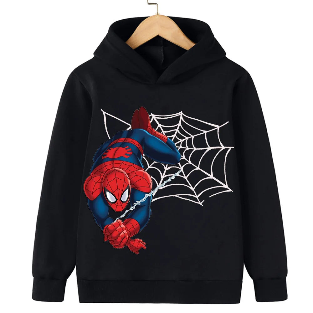 Black hoodie with Spider-Man graphic on a white background