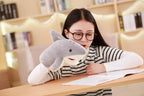 Woman reading with a shark-shaped pillow on a desk in a cozy room.