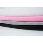 Stack of fabric swatches in gray, pink, and black on a white background