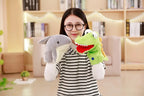 Person holding plush toys in a room with bookshelves