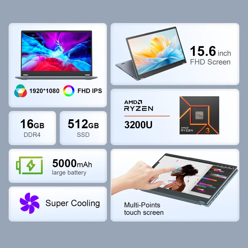 Ninkear YBOOK15 Laptop Ryzen 3 3200U 15.6 Inch FHD IPS Touchscreen 16GB RAM 512GB SSD Windows 11 Backlit Keyboard