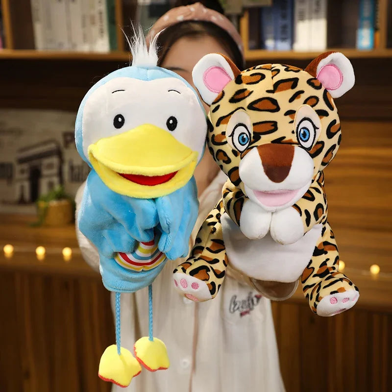 Two plush toys, one resembling a duck and the other a leopard, held by a person.