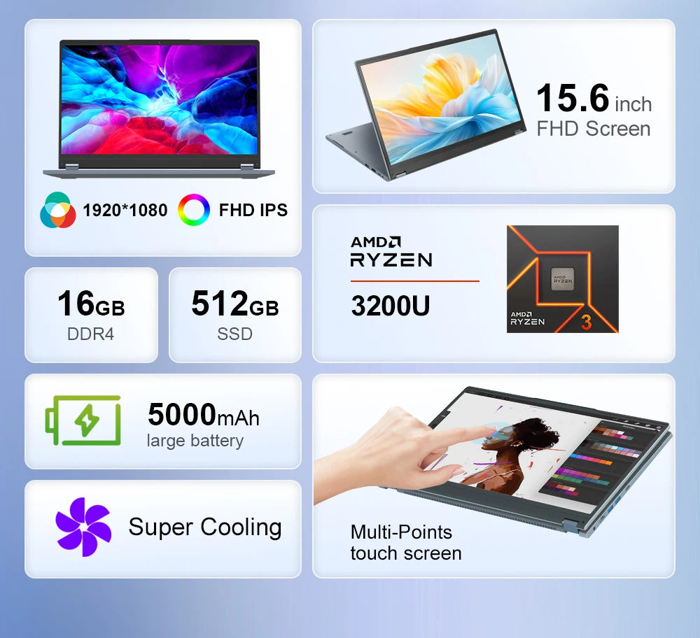 Ninkear YBOOK15 Laptop Ryzen 3 3200U 15.6 Inch FHD IPS Touchscreen 16GB RAM 512GB SSD Windows 11 Backlit Keyboard