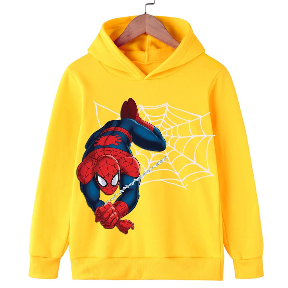 Yellow hoodie with Spider-Man graphic on a white background