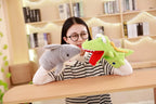 Person holding a shark and dinosaur plush toy in a room with bookshelves.
